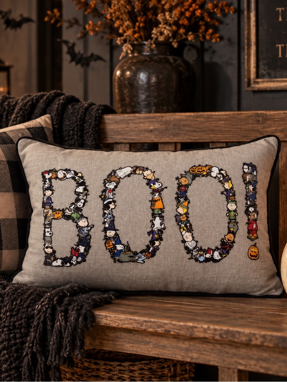 RARE Pottery Barn Peanuts BOO! Decorative Halloween Pillow in Beige